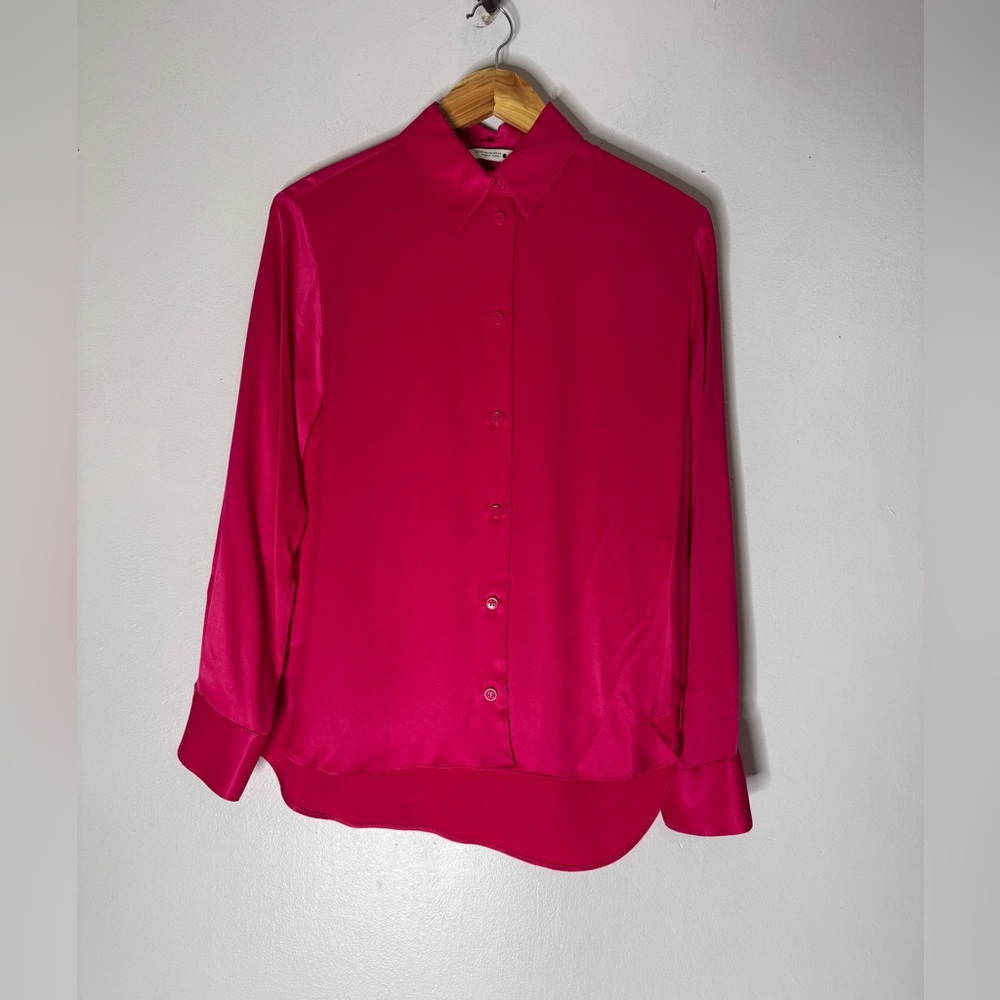 Zara XS Hot Pink Satin Collar Button Down Oversized Top‎
